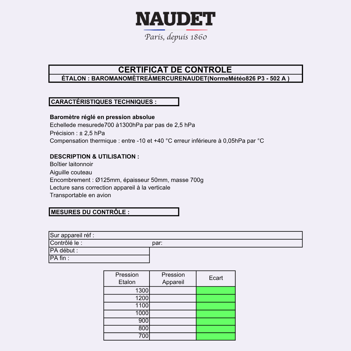 CERTIFICAT DE CONTRÔLE NAUDET