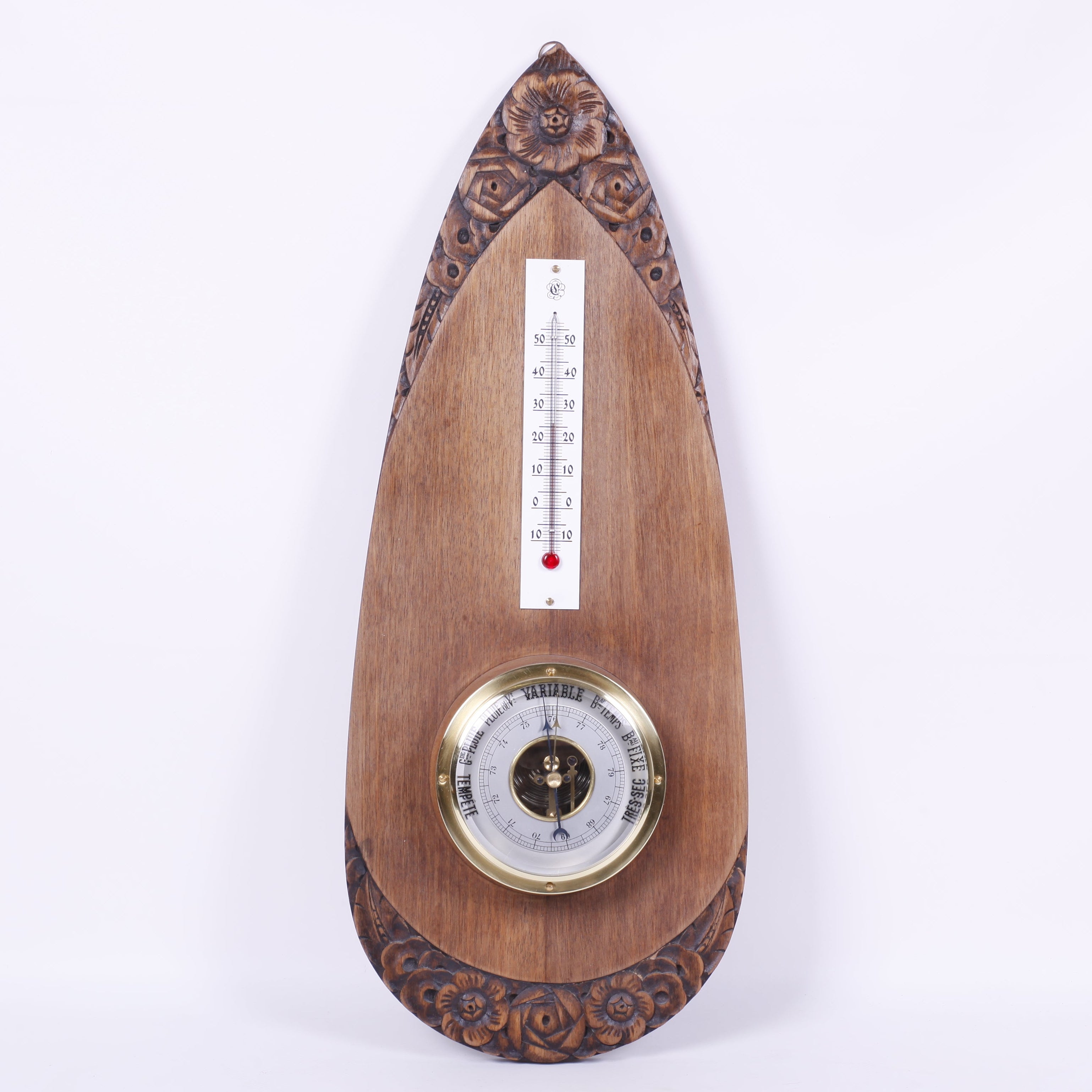BAROMÈTRE THERMOMÈTRE SCULPTÉ<br>53CM – RÉSTAURÉ